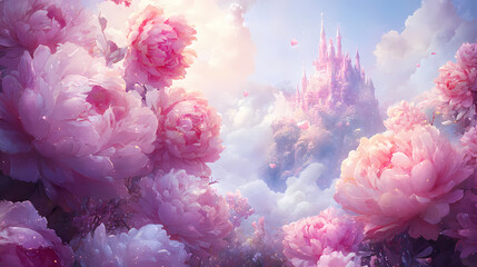 Wall Mural - oversized flowers with diamond-shimmering petals encircle a dreamy pink castle, soft light streaming