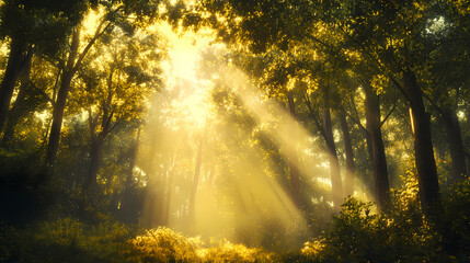 Wall Mural - Sunlit magical forest with ethereal light rays streaming through tall trees creating a peaceful and tranquil atmosphere. Primordial Glass. Illustration