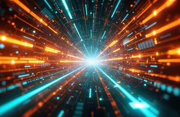 Poster - Futuristic tech tunnel with glowing lines, abstract symbols. High-tech atmosphere embodies innovation, connectivity. Digital stream, network data, neon light, power effect. Modern cyberspace design.