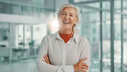 Fototapete - Happy, confident and portrait of mature businesswoman in office with journalism career with growth. Smile, professional and female CEO from London with pride for job development at magazine agency.