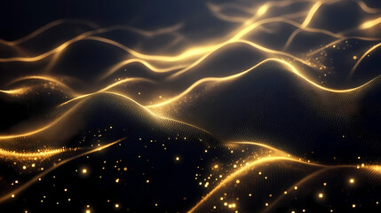 Wall Mural - Neon glow abstract background with gold sparkle geometric shape fractal with neon glow on black background. Celestial Black. Illustration
