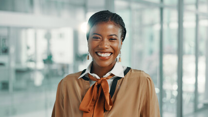 Fototapete - Happy, pride and portrait of black woman in office with journalism career with growth. Smile, professional and African female copywriter with confidence for job development at magazine agency.