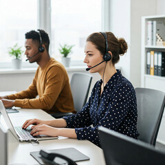 Poster - Two office workers wearing headsets use laptops, showcasing a modern business setting emphasizing teamwork and communication