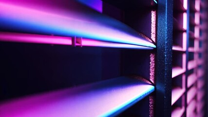 Poster - Neon-lit blinds, close-up, purple glow, dark room, website design