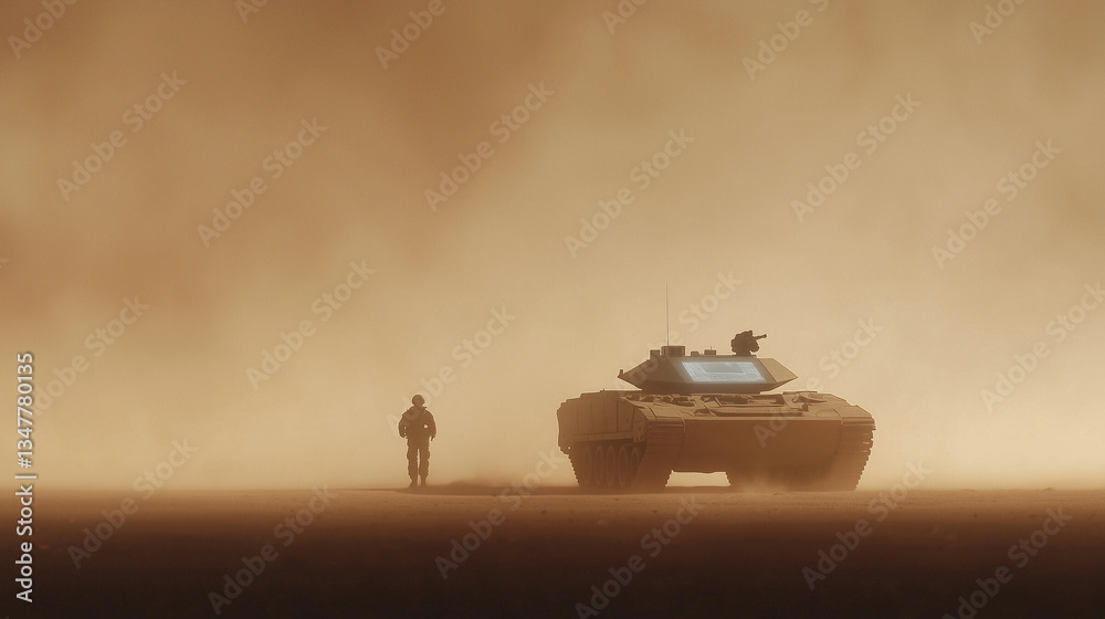 Tank with Holographic Interface and Soldier's Shadow on Battlefield ...