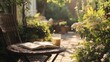 © musa - Sunny garden patio with book and drink.
