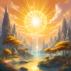 Poster - In a vibrant land filled with towering mountains, a brilliant sun rises, sending rays across sparkling water and golden trees, creating a whimsical fairy tale atmosphere Generative AI