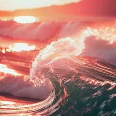 Poster - As the sun sets, waves crash softly against the shore, their crests glistening with shades of pink and orange Generative AI