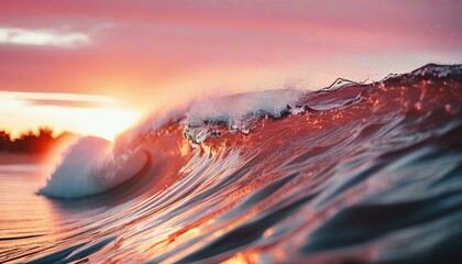 Poster - As day transitions to night, soft waves dance under a vibrant sky painted with pink and orange. The ocean reflects these colors, creating a breathtaking natural display Generative AI