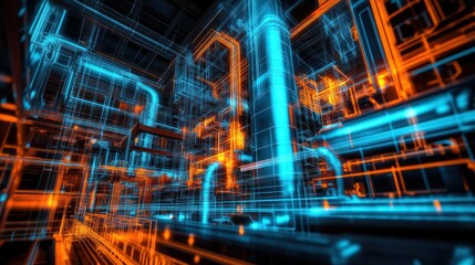 Poster - Futuristic industrial landscape with glowing blue and orange pipes