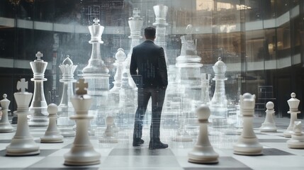 Poster - Businessman strategizing in futuristic chess game setting