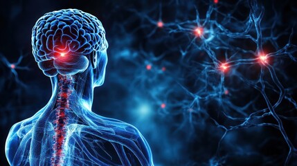 Poster - Human silhouette with glowing brain and neurons in background