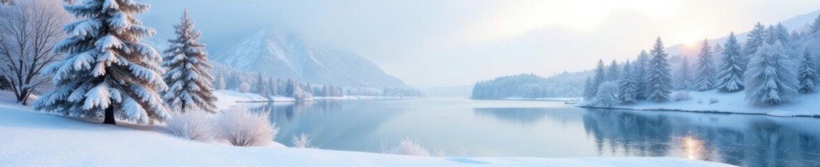 Snowy landscape with frosty trees and a frozen lake,  landscape,  ice