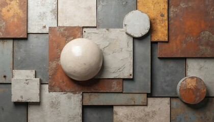 Poster - Abstract wall art geometric shapes distressed textures. Industrial design, grunge effect, vintage mood. Concrete metal wood patchwork composition. Modern minimalist style, home office decor.