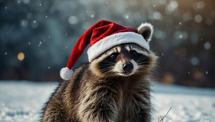 Wall Mural - Festive raccoon in a Santa hat celebrating Christmas outdoors.