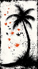 Poster - Silhouette Palm Tree Autumn Leaves Grunge Art