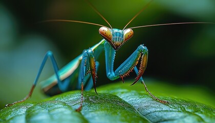 A vibrant green and blue praying mantis posing on a leaf