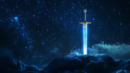 Wall Mural - glowing sword in stone under starry night sky magical fantasy concept with copy space. mystic relic.