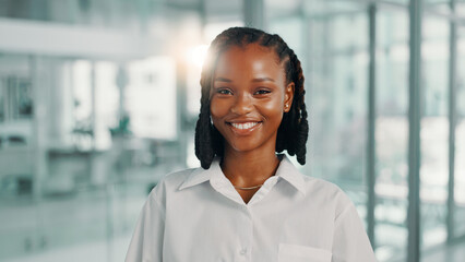 Poster - Happy, confident and portrait of black woman in office with journalism career with growth. Smile, professional and African female copywriter with pride for job development at magazine agency.