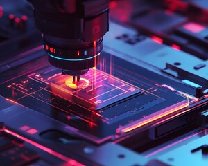Poster - A close-up view of a high-precision machine working on microelectronics, showcasing intricate details and vibrant colors in a technologically advanced setting.