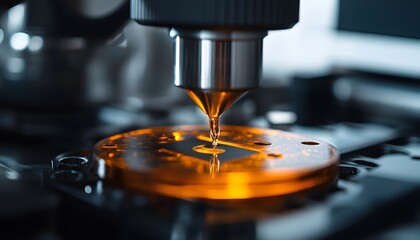 Poster - a close-up view of a high-tech microscope focusing on a sample. a vibrant orange liquid is being dep