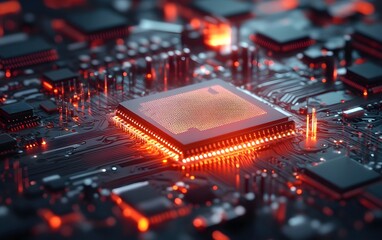 Poster - A close-up view of a microchip surrounded by intricate circuit patterns, showcasing innovative technology with glowing red highlights on a dark background.