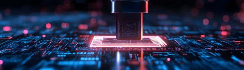 Poster - A close-up view of a microchip interacting with a vibrant circuit board, showcasing the intricate details of technology and innovation in modern electronics.