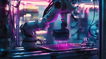 Poster - a futuristic robotic arm operates in a high-tech laboratory environment, showcasing advanced automat