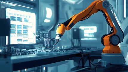 Poster - A high-tech robotic arm operates in a modern factory setting, showcasing advanced automation technology