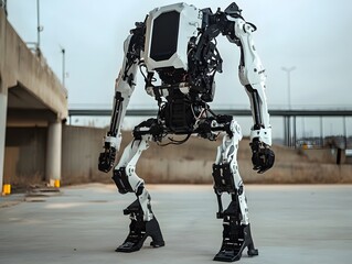 Poster - A humanoid robot stands in an industrial setting, showcasing advanced mechanics and futuristic design features.