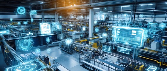 Poster - A modern industrial setting showcasing advanced technology with holographic displays and automated machinery, representing innovation and efficiency in manufacturing processes.
