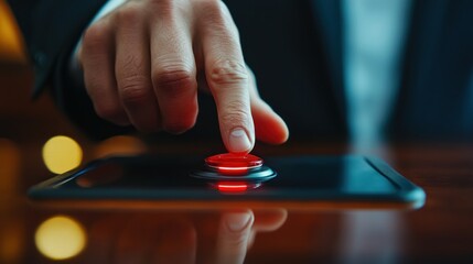 Poster - Close-up of a hand pressing a red button on a digital device.