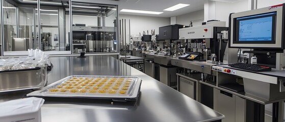 Poster - An advanced food processing facility featuring a modern stainless steel workspace, sophisticated machinery, and a computer system for efficient monitoring and control.