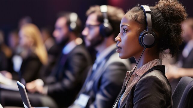 Photorealistic image of a translator interpreting live discussions in a global conference setting with headphones
