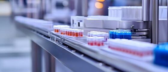 Poster - Close-up of a modern production line conveying colorful vials and test tubes in a laboratory setting.