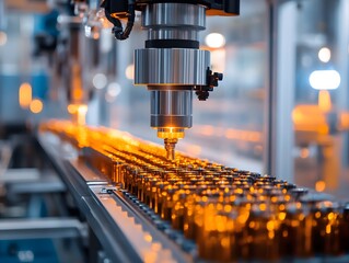 Poster - Close-up of a precision machine operating on a production line, highlighting automation and efficiency in manufacturing.