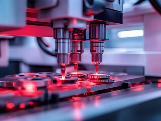 Poster - close-up of advanced technology in a modern manufacturing process with precision instruments and red