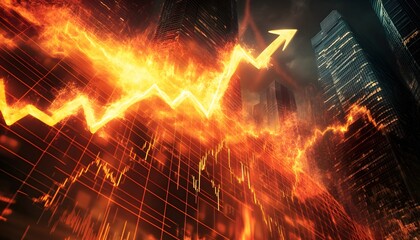 Poster - Dynamic visualization of financial growth with an upward trend arrow blazing through a cityscape backdrop.