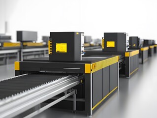 Poster - Modern conveyor belt system in a warehouse, showcasing efficient transportation of goods.