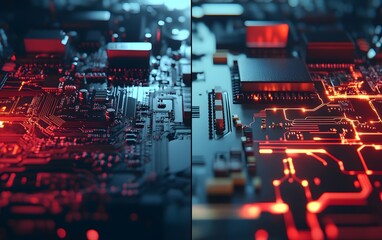 Poster - This image features a close-up view of a modern circuit board with intricate designs. The vibrant red accents highlight the complexity of technology and innovation in computing.