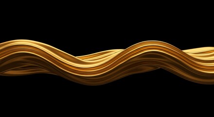 Poster - Golden Ribbon Flowing Wavy Black Background Metallic Shine 3D Render