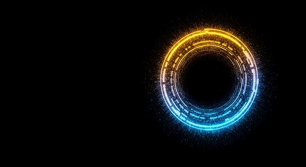 Fototapete - Digital Ring Glowing Orange Blue Particles Abstract Futuristic Tech Background 3D Render