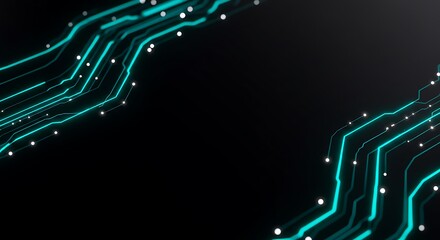 Fototapete - Electric Circuit Lines Flowing Data Streams Futuristic Technology on Black Background Abstract
