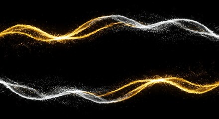 Fototapete - Luminous Particle Waves Flowing on Black Abstract Gold and Silver Glittering Streams Dynamic Background