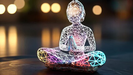 Poster - Geometric Figure in Meditative Pose With Vibrant Lighting Effects Generative AI