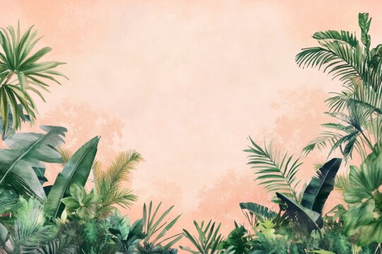 Tropical rainforest, vector illustration, watercolor, pastel colors, background, copy space for text