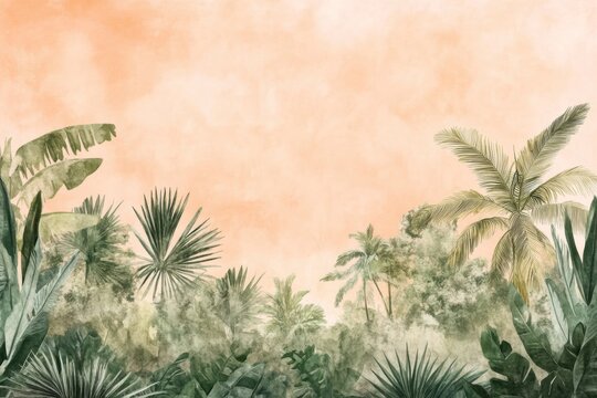 Tropical rainforest, vector illustration, watercolor, pastel colors, background, copy space for text