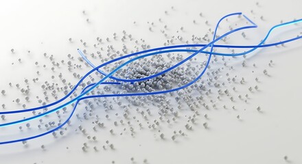 Poster - Vibrant Blue Lines Weaving Through Gray Spheres Abstract Data Flow on White Plain 3D Render