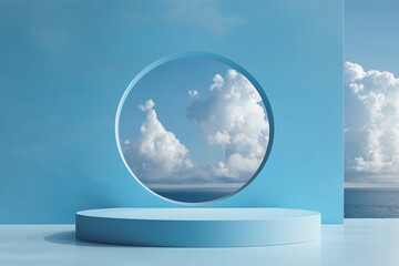 Poster - Blue minimalist podium displaying clouds and ocean through circular window