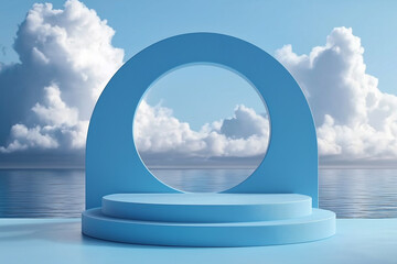 Aufkleber - Blue podium with circle frame overlooking ocean and clouds, showcasing product placement potential